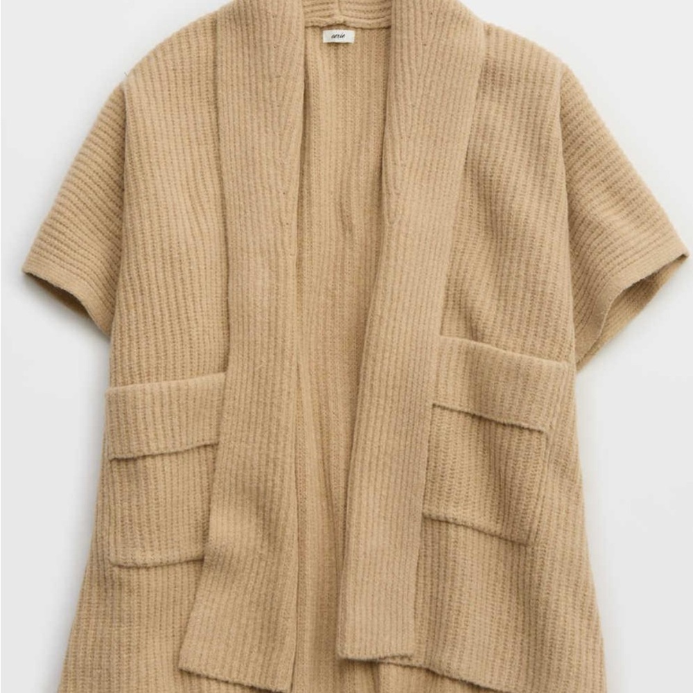 Aerie Chunky Knit Cardigan Poncho Shawl Collar Sweater Cape Beige Oversized